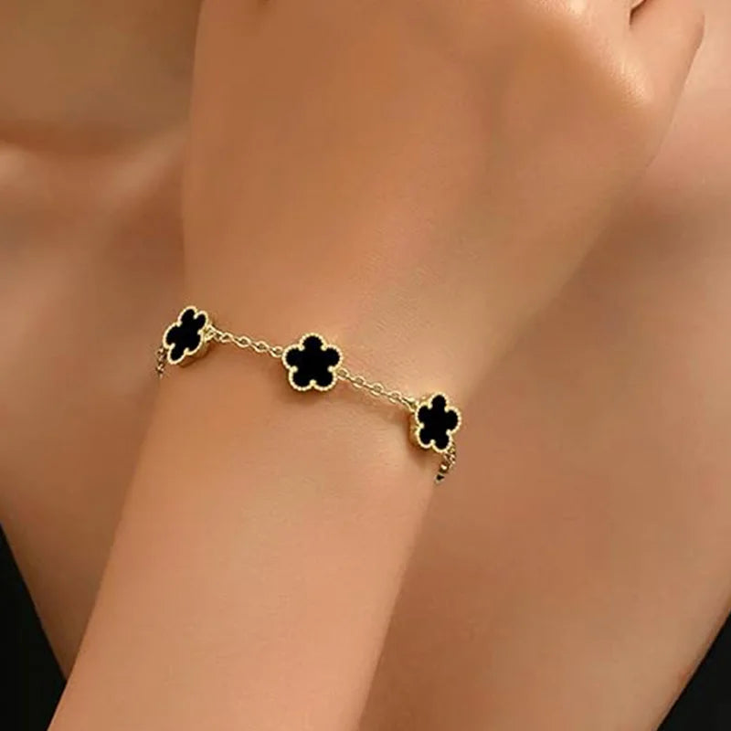 Lucky Clover Women's Double-Sided Flower Bracelet - Gold Plated Stainless Steel Jewelry Gift for Men