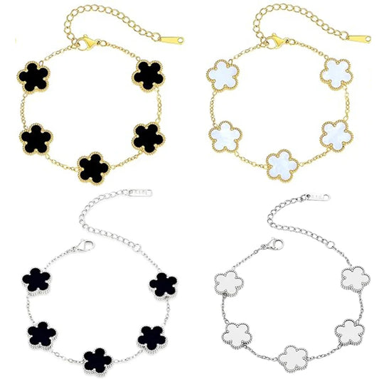 Lucky Clover Women's Double-Sided Flower Bracelet - Gold Plated Stainless Steel Jewelry Gift for Men