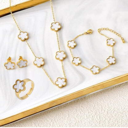4Pcs Bracelet Necklace Earrings Ring Stainless Steel Five Leaf Flower Jewelry Set Classic for Woman New Fashion Jewelry Clover