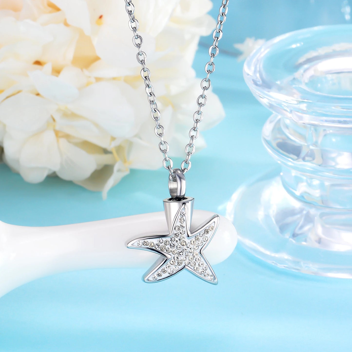 Stainless Steel Starfish Cremation Jewelry Urn Necklace for Ashes Memorial Crystal Cremation Necklace for Human Ashes