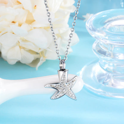Stainless Steel Starfish Cremation Jewelry Urn Necklace for Ashes Memorial Crystal Cremation Necklace for Human Ashes