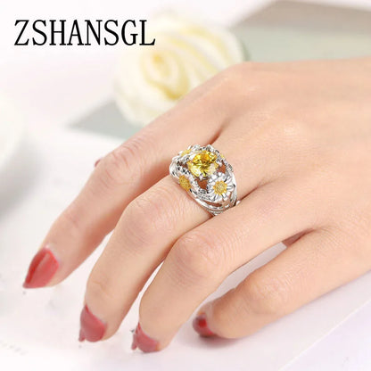 Luxury Female Girl Big Crystal CZ Flower Ring Boho Silver Color White Yellow Ring Promise Engagement Rings for Women