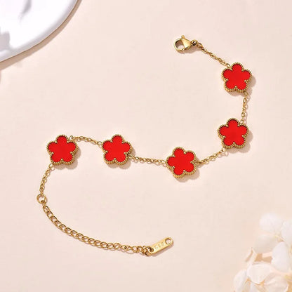 Lucky Clover Women's Double-Sided Flower Bracelet - Gold Plated Stainless Steel Jewelry Gift for Men
