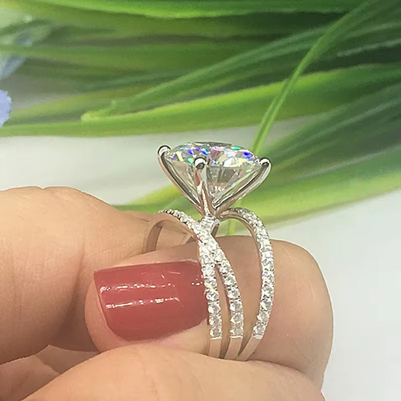 Luxury 925 Sterling Silver round Shape 6 Claws Rings with Clear Big CZ Cross Infinity Finger Rings for Women ANNIVERSARY SALE
