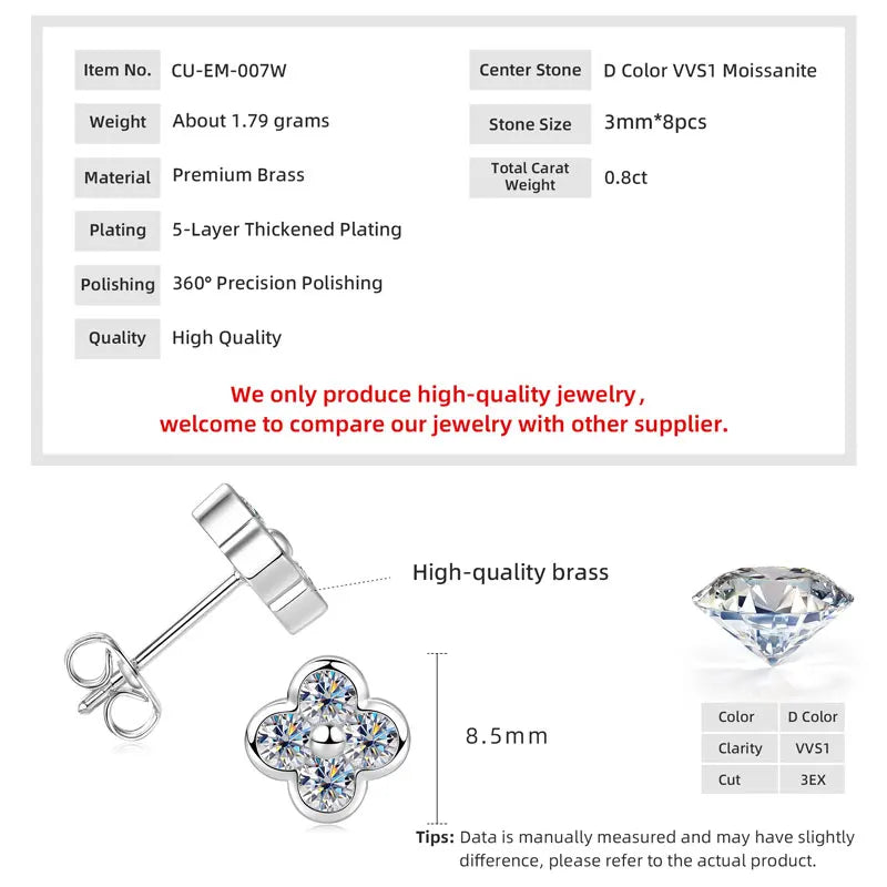 Exquisite Four Leaf Flower Shape Earring Pendant Necklace Moissanite Necklaces Stud Earrings Jewelry Set for Women Gift