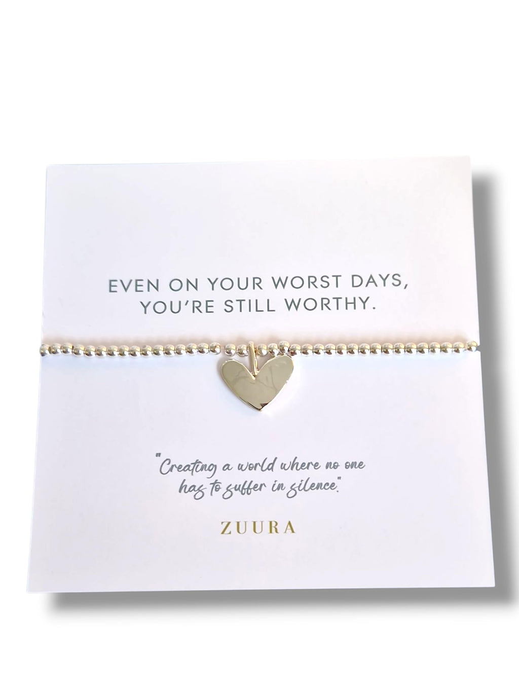 ZUURA Heart Charm Silver-Plated Beaded Bracelet Mental Health Awareness - Even on your worst days, you're still worthy.