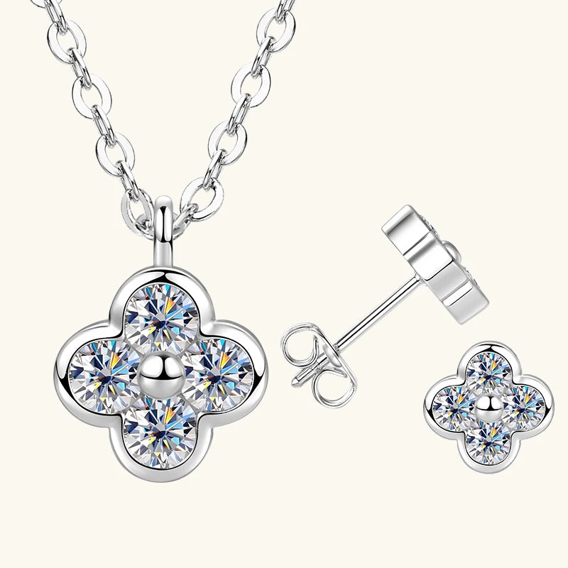 Exquisite Four Leaf Flower Shape Earring Pendant Necklace Moissanite Necklaces Stud Earrings Jewelry Set for Women Gift