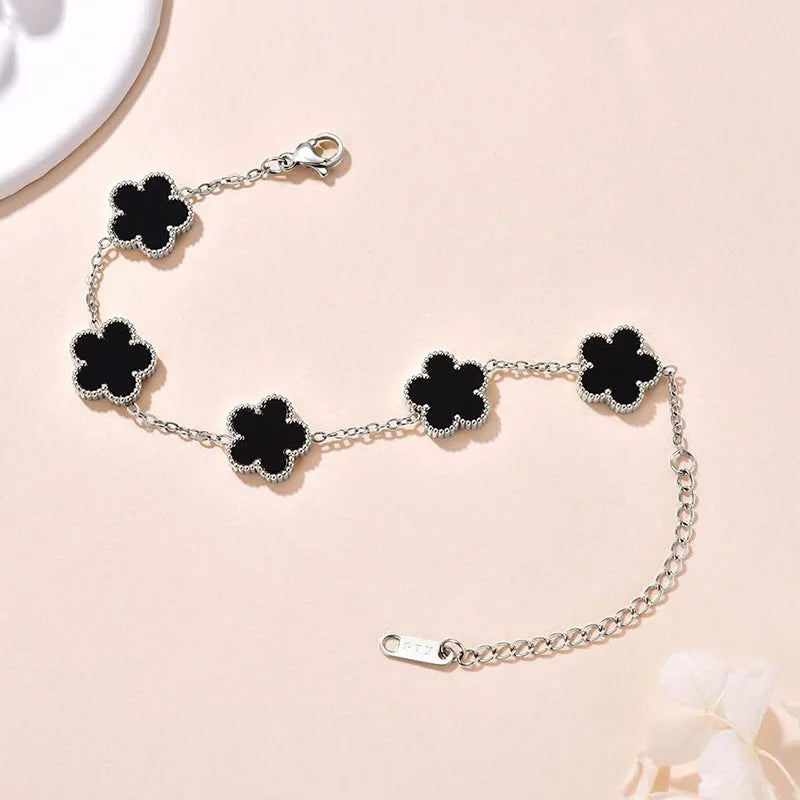 Lucky Clover Women's Double-Sided Flower Bracelet - Gold Plated Stainless Steel Jewelry Gift for Men