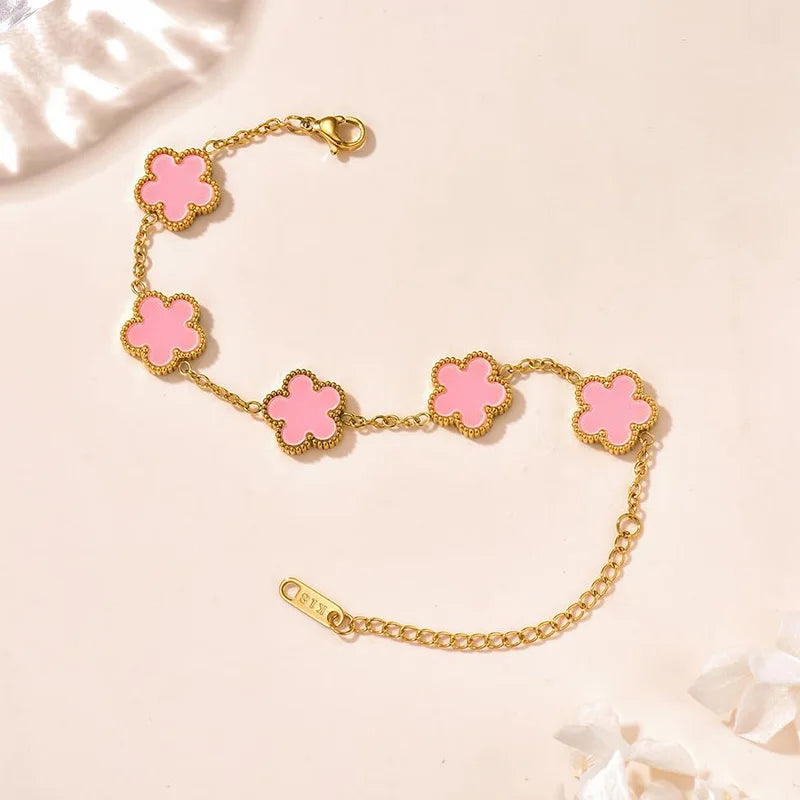 Lucky Clover Women's Double-Sided Flower Bracelet - Gold Plated Stainless Steel Jewelry Gift for Men