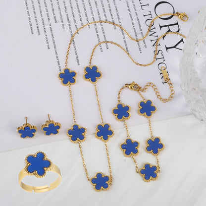 4Pcs Bracelet Necklace Earrings Ring Stainless Steel Five Leaf Flower Jewelry Set Classic for Woman New Fashion Jewelry Clover