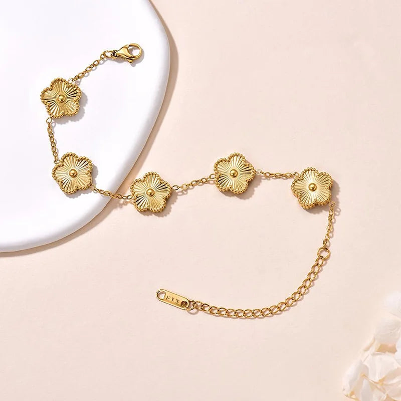 Lucky Clover Women's Double-Sided Flower Bracelet - Gold Plated Stainless Steel Jewelry Gift for Men