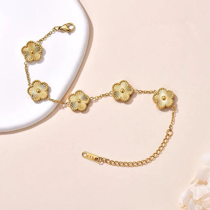 Lucky Clover Women's Double-Sided Flower Bracelet - Gold Plated Stainless Steel Jewelry Gift for Men