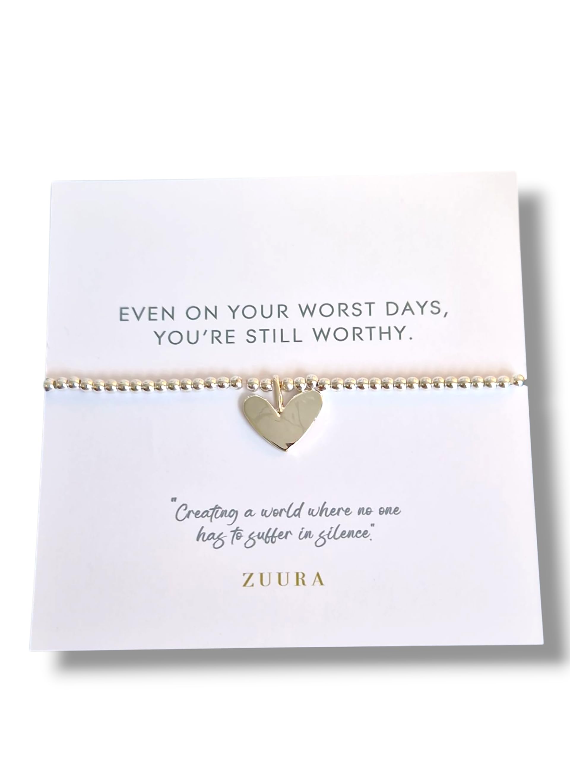 ZUURA Heart Charm Silver-Plated Beaded Bracelet Mental Health Awareness - Even on your worst days, you're still worthy.