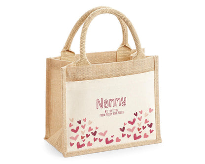 Nanny Gift Personalised Jute Bag - Love Heart Tote Bag Gift for Grandma Nan - Custom Shopping Market Bag - Nanny Bag for Nans Birthday BT009