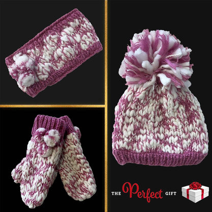Sock Stack Women's Hand Knitted Daisy Pattern Winter Hat Headband Mittens Set In Red Breathable Cotton Rich Everyday Pack
